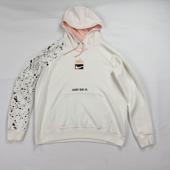 Nike Tops - Nike Sportswear Just Do It Hoodie Sweatshirt White Pink Splatter Logo Women's L